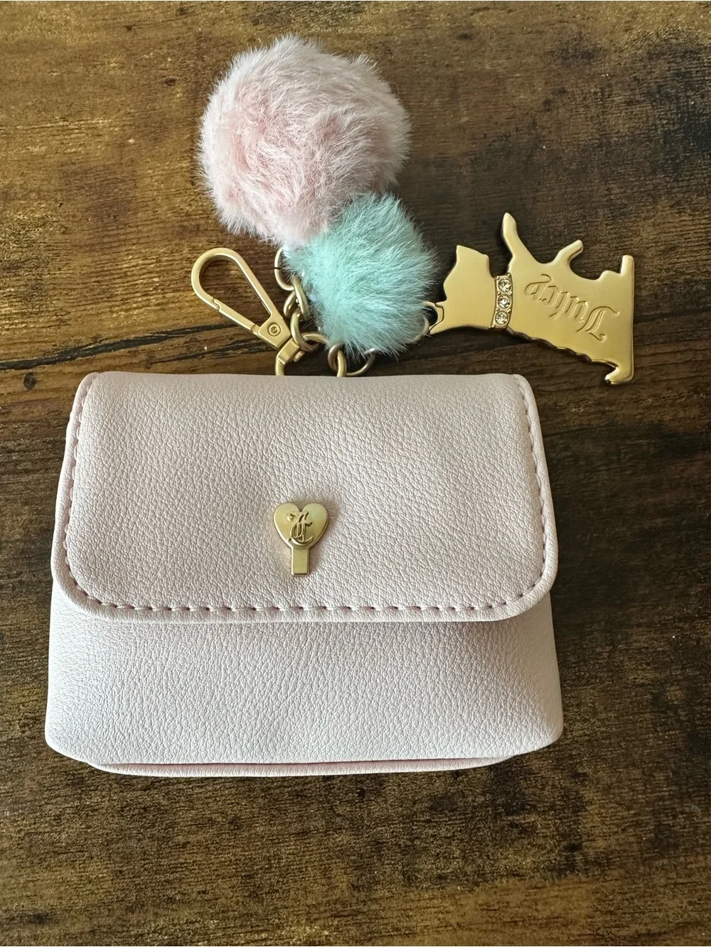 Juicy Couture Light Pink Coin Purse Wallet Mint & Pink Pom Pom & Dog Charms NWOT